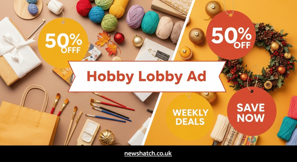 Create a bright, inviting 16:9 feature image showcasing a Hobby Lobby ad theme. Include elements like shopping bags, craft supplies, seasonal décor, and discount tags to represent weekly deals and savings. Make it visually appealing and modern, with warm tones that give a friendly, budget-friendly vibe. Add the keyword “Hobby Lobby Ad” clearly in the image. Place the website URL newshatch.co.uk subtly at the bottom for branding.